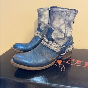 Blue and White Studded Ankle Boots
